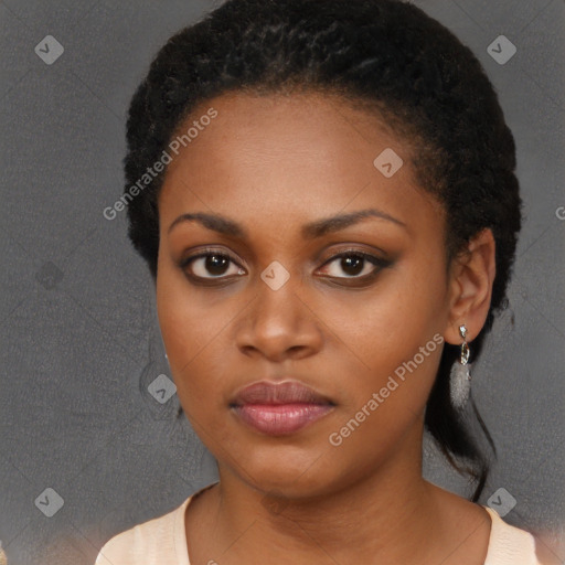 Neutral black young-adult female with short  black hair and brown eyes