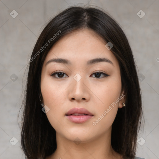 Neutral asian young-adult female with medium  brown hair and brown eyes