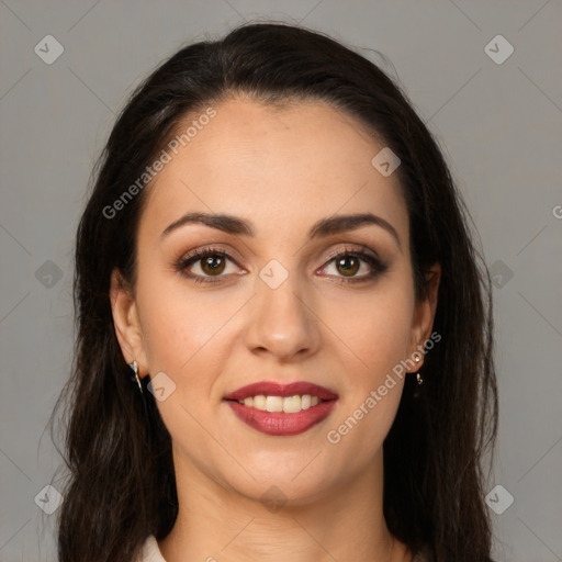 Joyful white young-adult female with long  brown hair and brown eyes