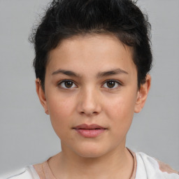 Neutral white young-adult female with short  brown hair and brown eyes