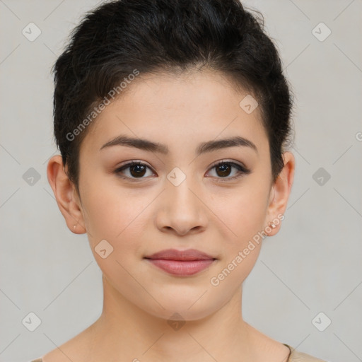 Joyful asian young-adult female with short  brown hair and brown eyes