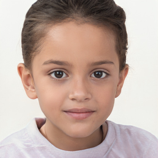 Joyful white child female with short  brown hair and brown eyes