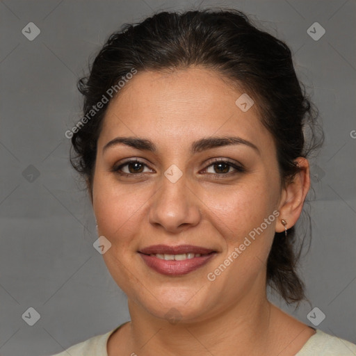 Joyful white adult female with medium  brown hair and brown eyes