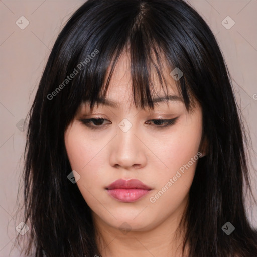 Neutral asian young-adult female with long  brown hair and brown eyes