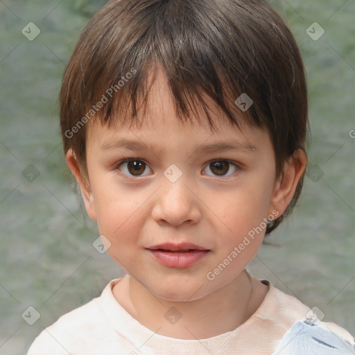 Joyful white child female with short  brown hair and brown eyes