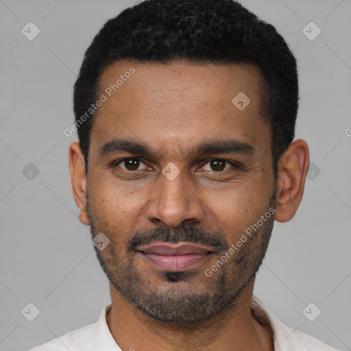 Neutral latino young-adult male with short  black hair and brown eyes