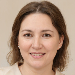 Joyful white adult female with medium  brown hair and brown eyes