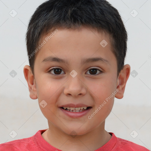 Joyful white child male with short  brown hair and brown eyes