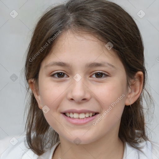 Joyful white child female with medium  brown hair and brown eyes