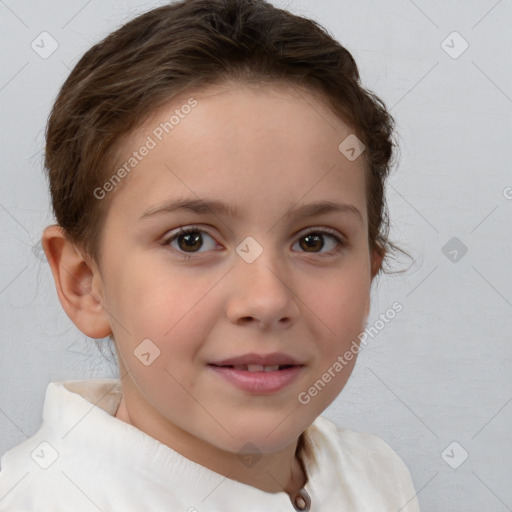 Joyful white child female with short  brown hair and brown eyes