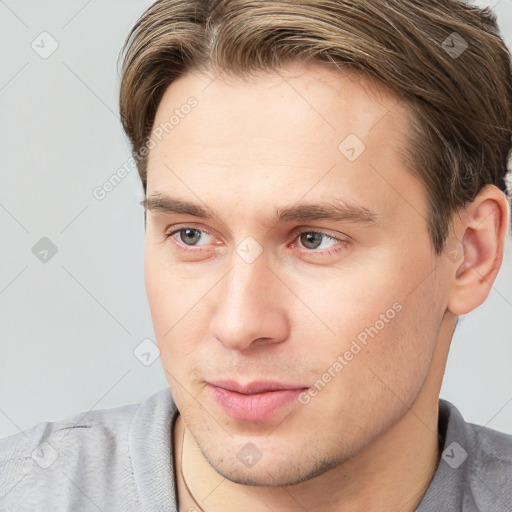 Neutral white young-adult male with short  brown hair and brown eyes