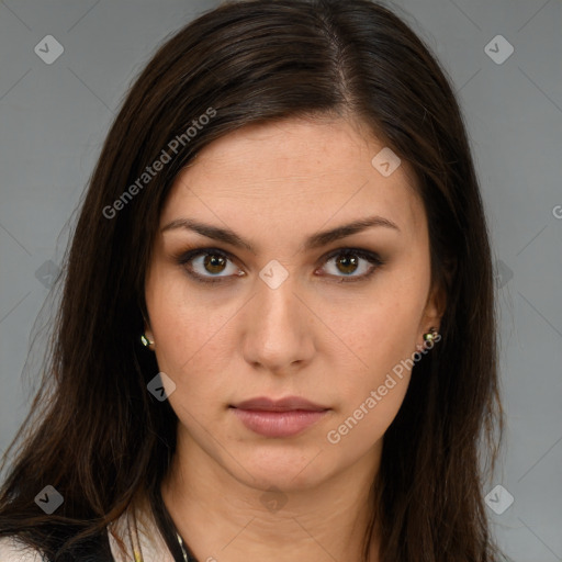 Neutral white young-adult female with long  brown hair and brown eyes