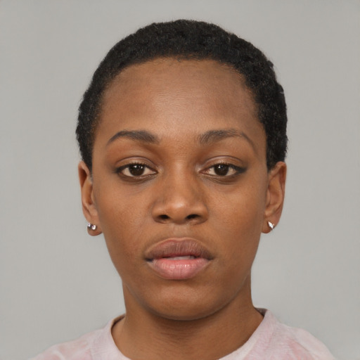 Neutral black young-adult female with short  black hair and brown eyes