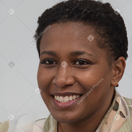 Joyful black young-adult female with short  brown hair and brown eyes