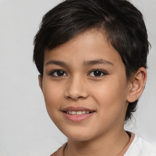 Joyful white child female with medium  brown hair and brown eyes