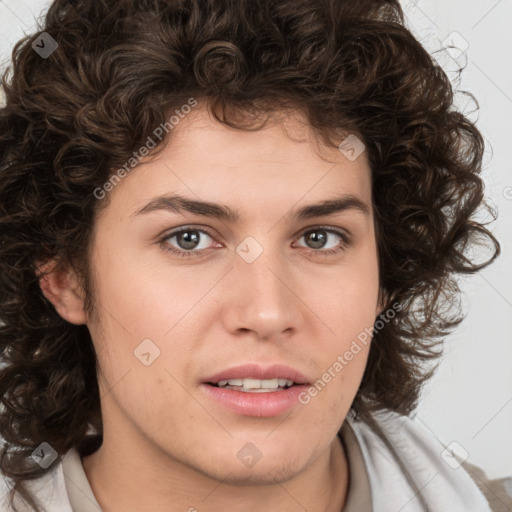 Joyful white young-adult male with medium  brown hair and brown eyes