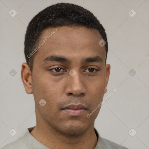 Neutral latino young-adult male with short  black hair and brown eyes
