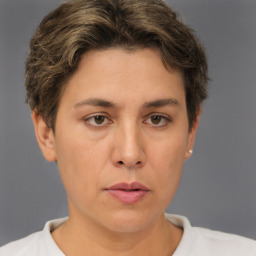 Neutral white young-adult female with short  brown hair and brown eyes