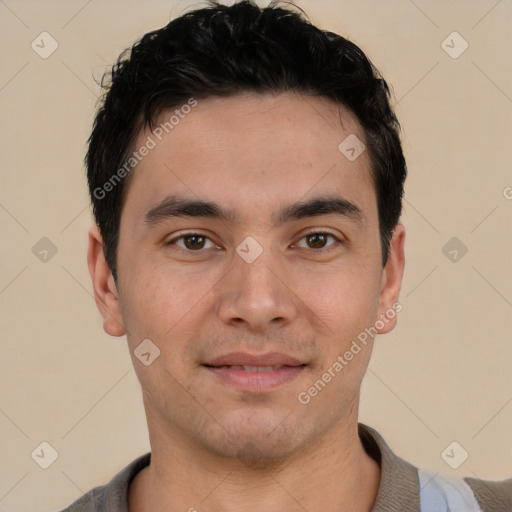 Joyful white young-adult male with short  black hair and brown eyes