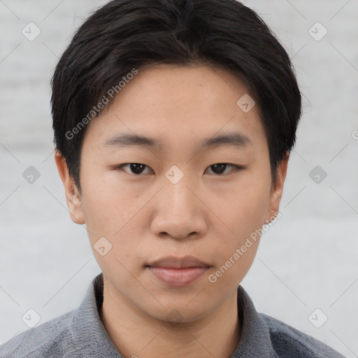 Neutral asian young-adult male with short  brown hair and brown eyes