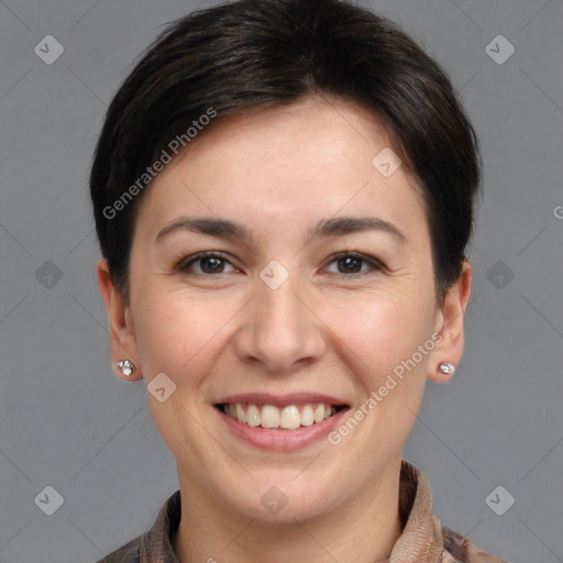 Joyful white young-adult female with medium  brown hair and brown eyes