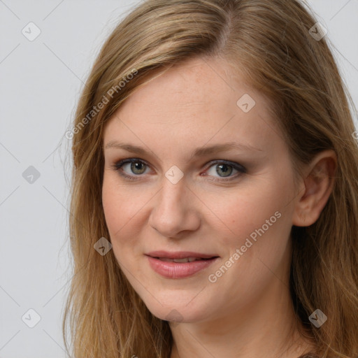 Joyful white young-adult female with long  brown hair and grey eyes