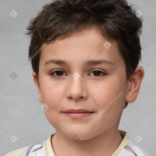 Joyful white child female with short  brown hair and brown eyes