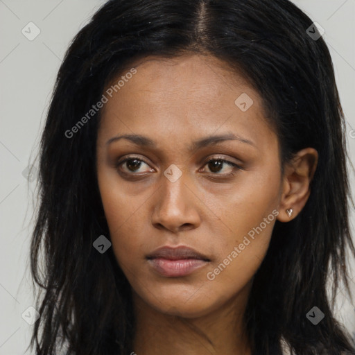 Neutral asian young-adult female with long  brown hair and brown eyes