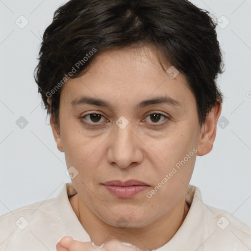 Joyful white adult female with short  brown hair and brown eyes