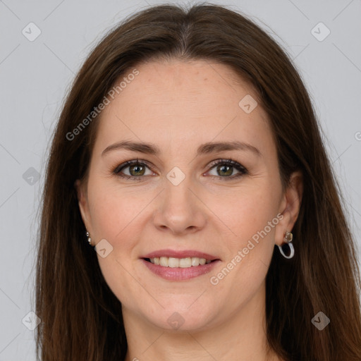 Joyful white young-adult female with long  brown hair and grey eyes