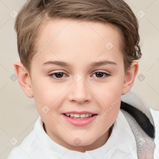 Joyful white child female with short  brown hair and brown eyes