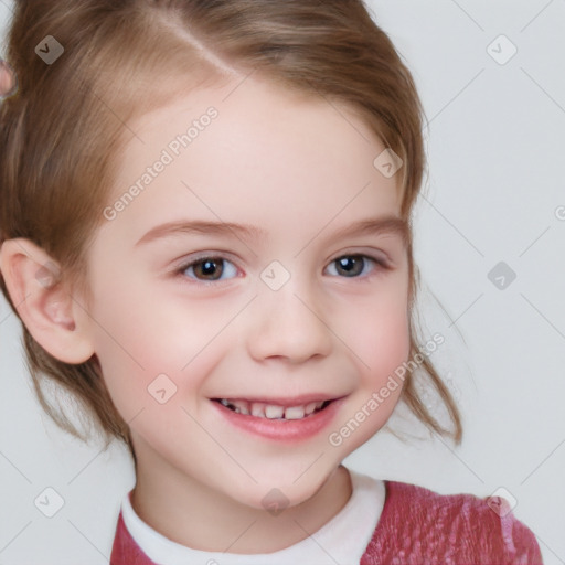 Joyful white child female with medium  brown hair and blue eyes