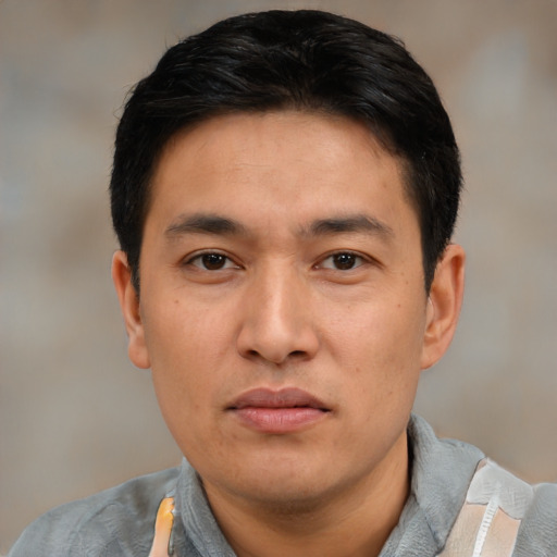 Neutral asian young-adult male with short  black hair and brown eyes