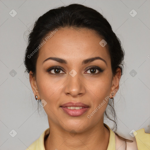 Joyful latino young-adult female with medium  brown hair and brown eyes