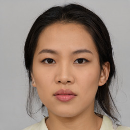 Neutral asian young-adult female with medium  black hair and brown eyes