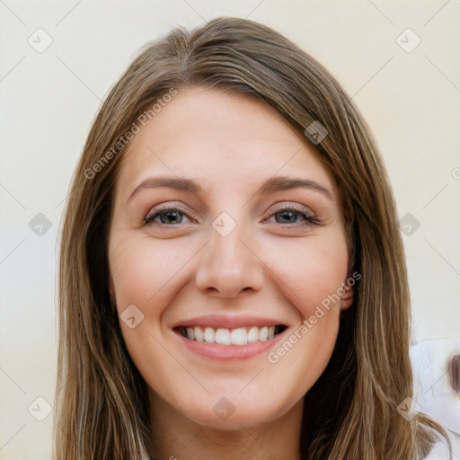 Joyful white young-adult female with long  brown hair and grey eyes