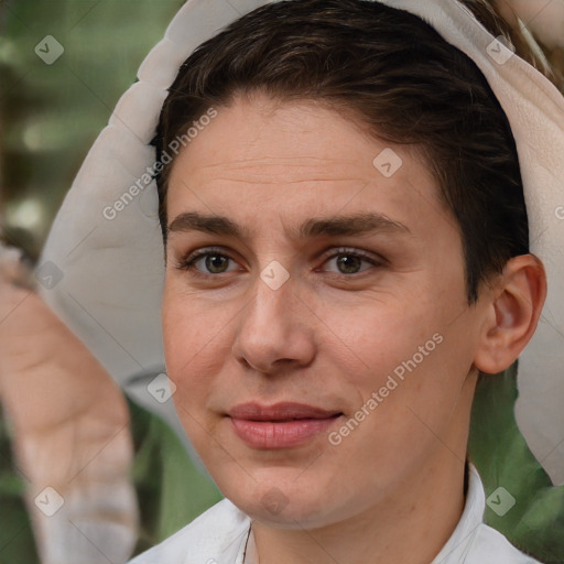 Joyful white adult female with short  brown hair and brown eyes