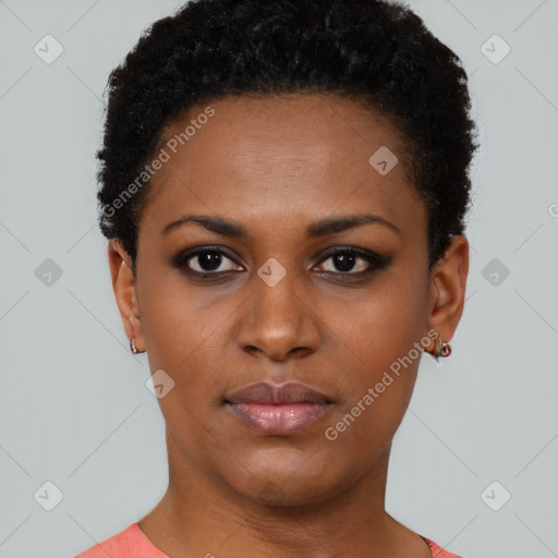 Neutral black young-adult female with short  black hair and brown eyes