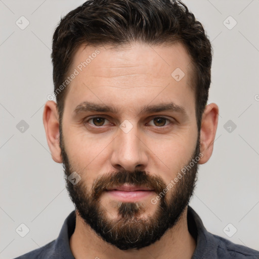 Neutral white young-adult male with short  brown hair and brown eyes