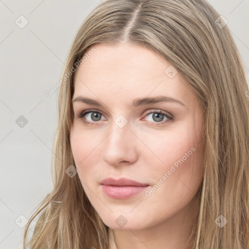 Neutral white young-adult female with long  brown hair and grey eyes