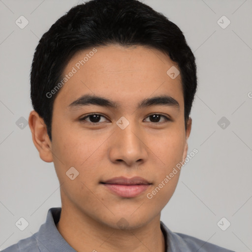 Neutral asian young-adult male with short  black hair and brown eyes