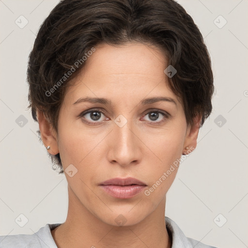 Neutral white young-adult female with short  brown hair and brown eyes