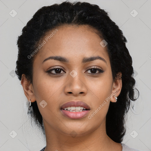 Joyful latino young-adult female with medium  black hair and brown eyes