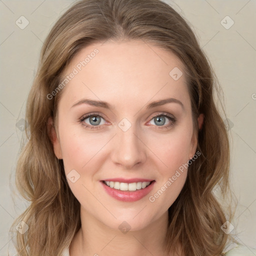 Joyful white young-adult female with medium  brown hair and green eyes