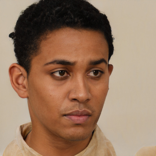 Neutral latino young-adult male with short  brown hair and brown eyes