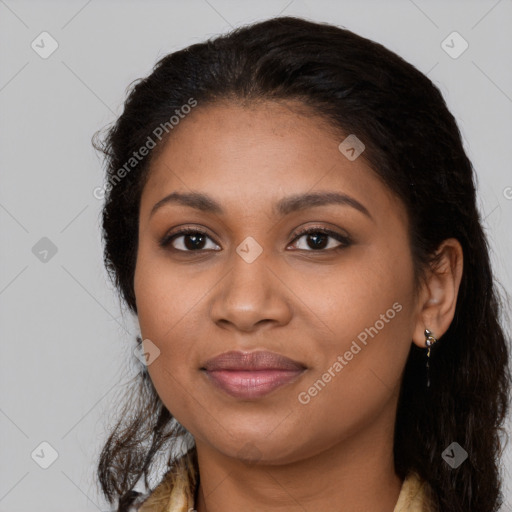 Joyful latino young-adult female with long  brown hair and brown eyes