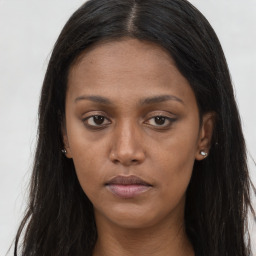 Neutral asian young-adult female with long  brown hair and brown eyes