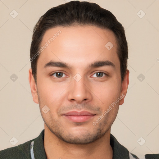 Neutral white young-adult male with short  brown hair and brown eyes