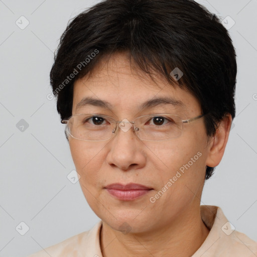 Joyful white adult female with short  brown hair and brown eyes