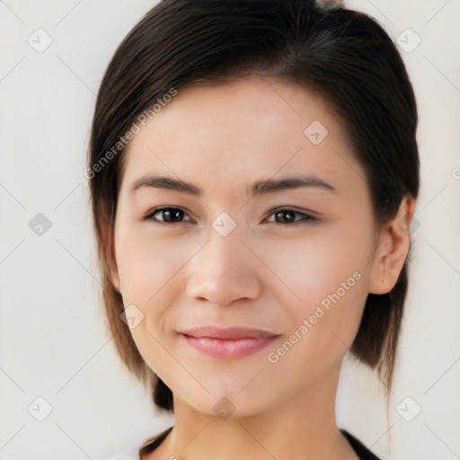 Joyful white young-adult female with medium  brown hair and brown eyes